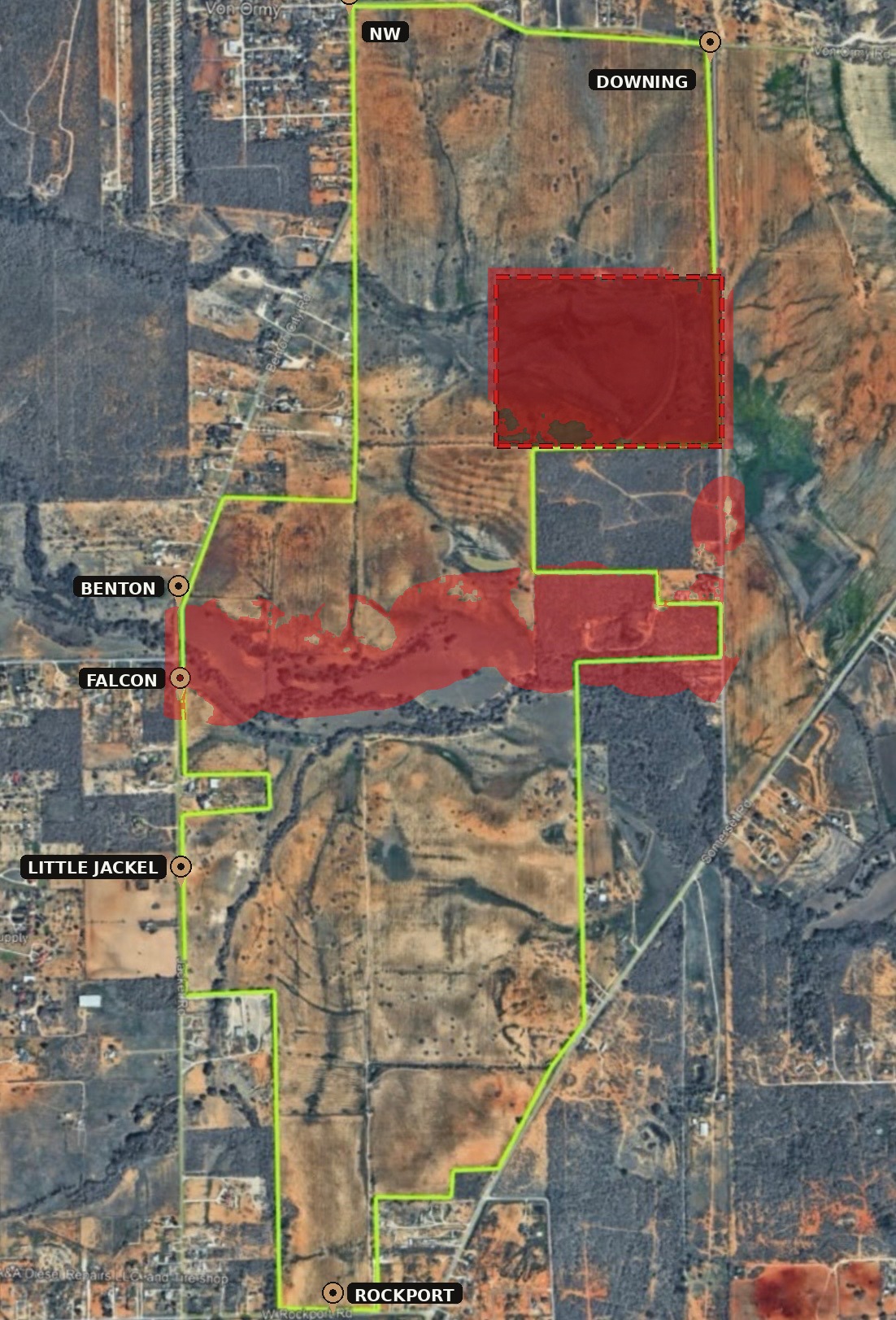 Baker Grounds. Six gates: NW, Downing, Benton, Falcon, Little Jackel, Rockport.